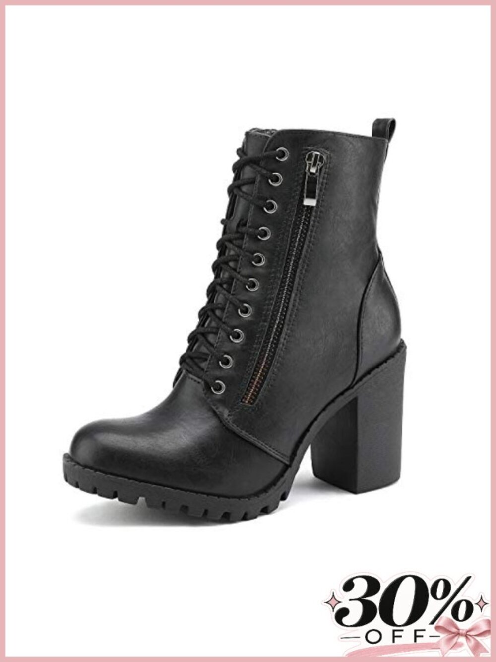 Women's Faux Leather Combat Ankle Booties Chunky Heel Lace Up